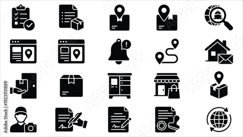 Set of 20 black flat delivery and logistics vector icons