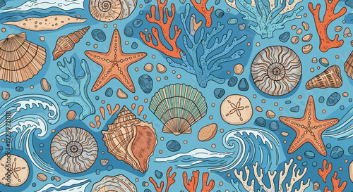 Vibrant Ocean Floor Pattern with Starfish Shells and Corals Under Gentle Waves