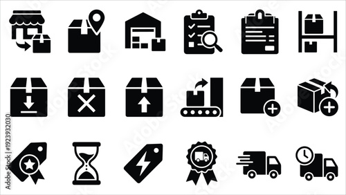 Set of 18 Black Logistics and Delivery Icons Vector