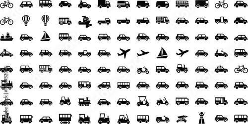 Transportation icon collection with cars, trucks, buses, airplanes, ships and bicycles, travel vehicle silhouettes isolated on white background, black vector illustration set