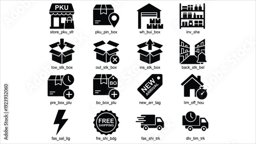 Set of 16 Black Shipping and Delivery E-commerce Vector Icons