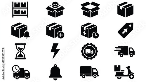Set of 16 Black and White Shipping and Delivery Vector Icons