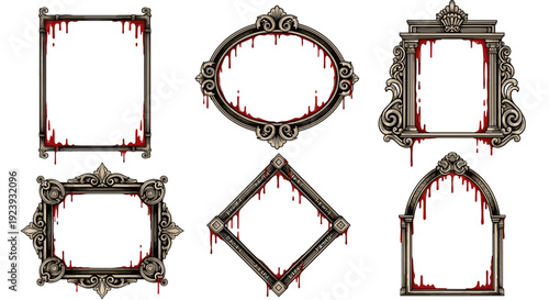 Set of Gory and Spooky Ornate Empty Picture Frames with Dripping Red Blood Design