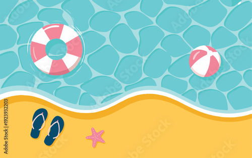 Summer beach background with sea water top view including swim ring ball and flip flops art