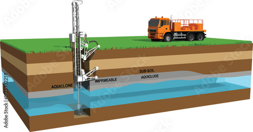 Cross section diagram of industrial water well drilling rig machine extracting groundwater from aquifer layers with truck on grass surface vector illustration.