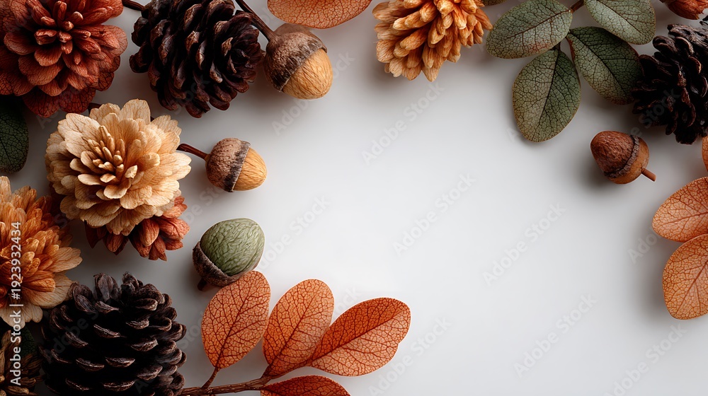 Fototapeta premium Autumn foliage and pine cones arranged in a circular pattern on a white background