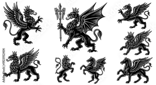 Collection of Fantasy Heraldic Creatures: Griffins Dragons and Winged Horses