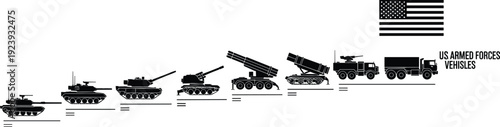US armed forces military vehicles silhouette set featuring tanks, missile launchers, armored trucks and artillery with American flag isolated vector defense illustration