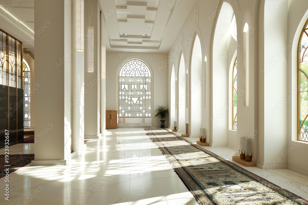 Obraz premium Sunlight streams into a mosque corridor, illuminating prayer rugs laid out for worship, creating a serene atmosphere