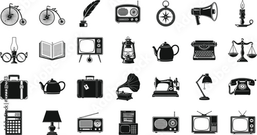 Vintage retro objects silhouette icon set featuring old radio, typewriter, television, bicycle, lantern and gramophone isolated in black vector collection design