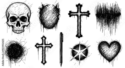 Set of Grunge Sketch Hand Drawn Dark Skull Crosses and Scribble Shapes Artwork