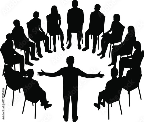 Silhouette of group discussion with leader standing in center, teamwork and communication concept, inclusive meeting circle for community, support, collaboration, and education themes