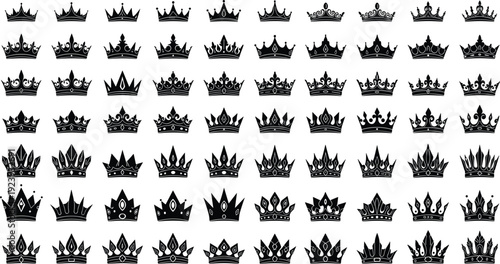 Vintage royal crown silhouettes set featuring ornate king and queen tiaras, heraldic monarchy emblems isolated in black vector collection for luxury branding design