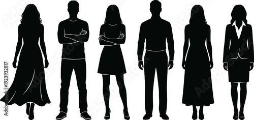 People silhouette collection, men women standing figures, business casual persons, black vector illustration isolated design elements set bundle