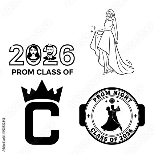 Graduation prom badge with cap letter and sparkling gown silhouettes