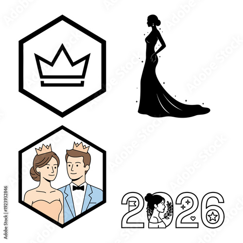 Crown framed prom portrait silhouettes and formal gown icon set