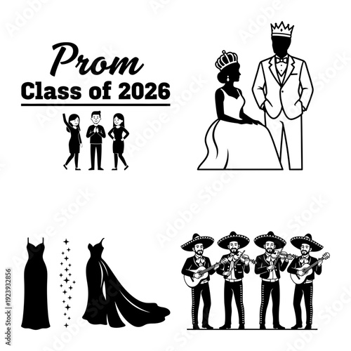 Prom class emblem silhouettes with king queen line art gown and band