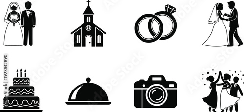 Wedding ceremony icon set with bride and groom, rings, church, cake and camera, romantic celebration silhouettes isolated on white background vector collection