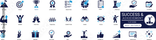 success and achievement solid icon set, target, trophy, objectives, potential, motivation, winner, victory, professional vector editable