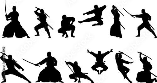 Samurai silhouettes collection, Japanese warrior vector set, katana sword poses, martial arts fighter isolated illustration design pack bundle
