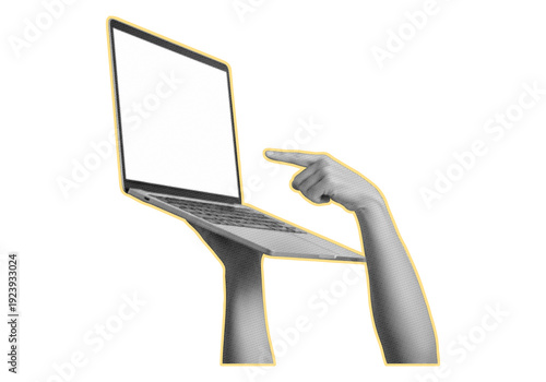 Hand using laptop computer halftone collage. Trendy retro halftone collage element isolated on transparent background.