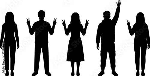 People silhouettes showing peace hand gesture and raised hand, human expression concept isolated vector illustration for communication design elements