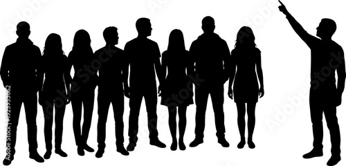 People silhouettes group with leader pointing direction, teamwork guidance concept isolated vector illustration for business leadership team design elements