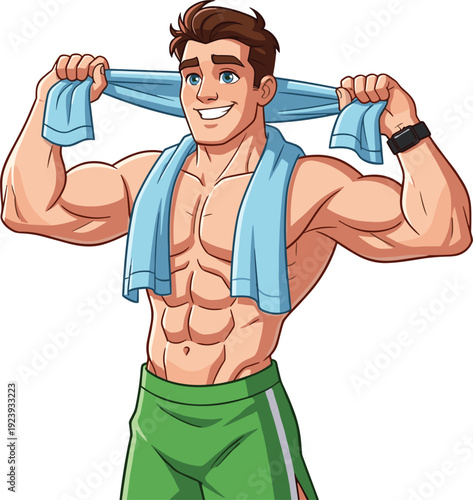 Muscular shirtless man with six pack abs holding blue towel after workout gym fitness cartoon vector illustration isolated background.