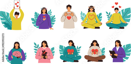 Self love and mental health vector set, mindfulness, meditation, heart care, wellness, flat illustration, collection, design