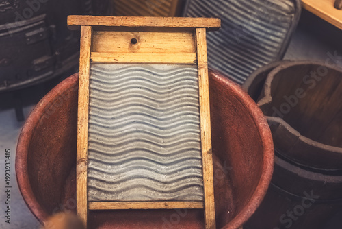 Принти на полотні Vintage washboard and basin found in a local antique shop during a weekend visit