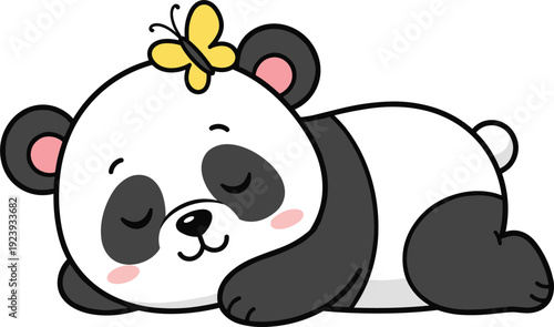 Cute cartoon panda sleeping peacefully with a yellow butterfly on its head isolated on a white background