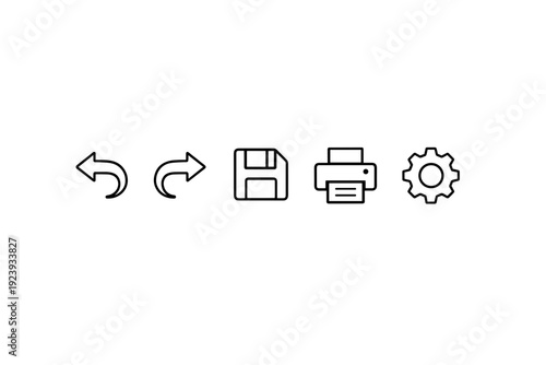 Minimalist Icons Representing Digital Functions Including Backward Arrow Disk Print and Settings