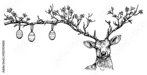 Deer with antlers as blooming branches and hanging easter eggs sketch