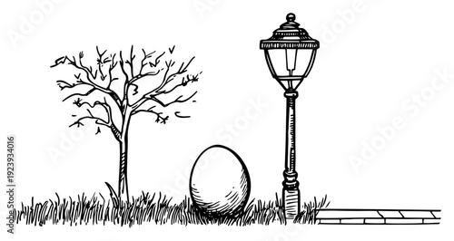 Large easter egg in grass with street lamp and tree sketch
