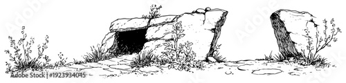 Empty tomb of jesus christ after resurrection in rocky landscape sketch