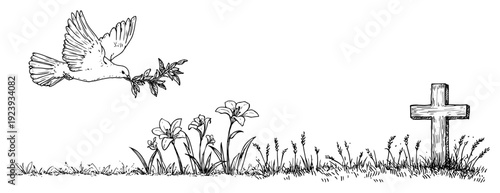 Dove of peace flying over meadow with lilies and christian cross sketch