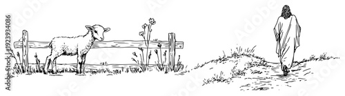 Lamb of god and jesus christ walking in rural landscape sketch