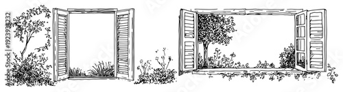 Two open wooden windows with garden view and shutters sketch