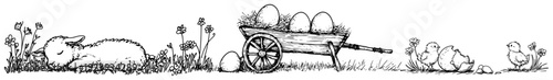 Easter scene with sleeping lamb and cart full of eggs sketch