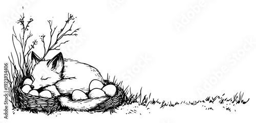 Cute fox sleeping in bird nest with eggs sketch