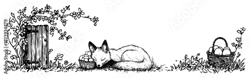 Sleeping fox near basket and secret wooden door sketch