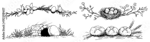 Set of easter religious and floral nature symbols sketch