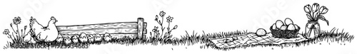 Horizontal rural landscape border with hen and picnic basket sketch