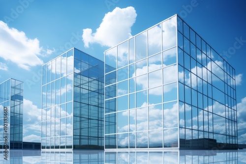 Modern glass corporate buildings reflecting a bright blue sky with white clouds