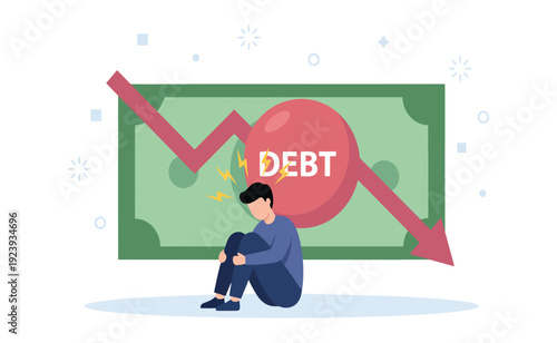 Stressed figure with debt sphere and falling money graph finance icon