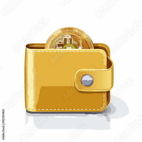 Golden wallet with bitcoin protruding from it.