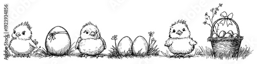 Cute little chicks and basket with eggs horizontal border sketch