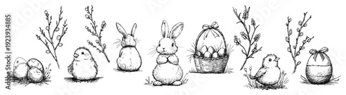 Set of easter bunnies chicks and willow branches sketch