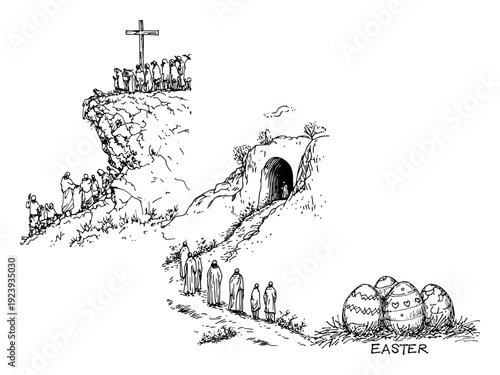 Easter story landscape with golgotha hill empty tomb and eggs sketch
