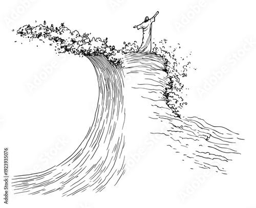 Jesus christ standing on cliff calming the large ocean wave sketch